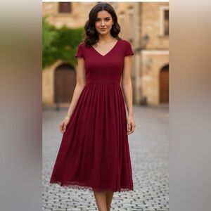 Dress The Population red midi dress,fitted at waist, lined soft, flowing